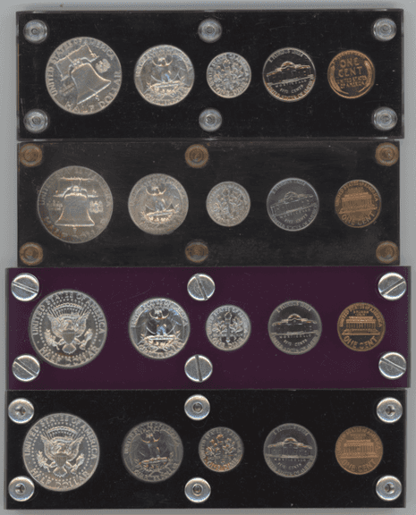 1957, 1962, & 1964 Proof Sets in holders (one is 1967 Special Mint Set)