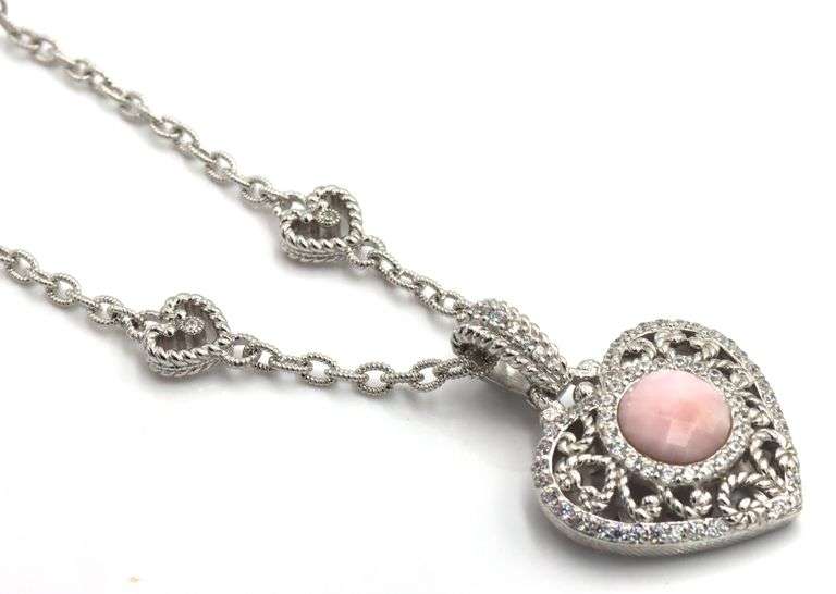 Judith Ripka silver heart station necklace with pink quartz heart enhancer