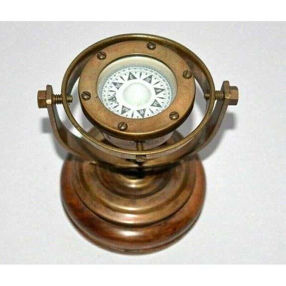 Brass Gimbal Ship’s Compass with Wood Base