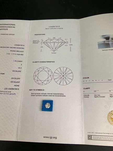LAB GROWN ROUND BRILLIANT CUT LOOSE DIAMOND. 1.70 CARAT