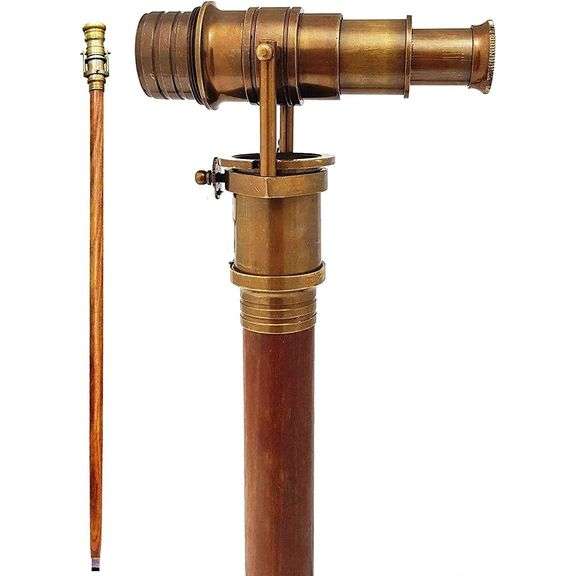 Wooden Walking Stick with Hidden Brass Telescope