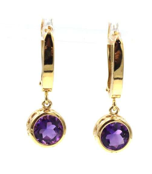 14kt Yellow gold bezel set amethyst dangle earrings