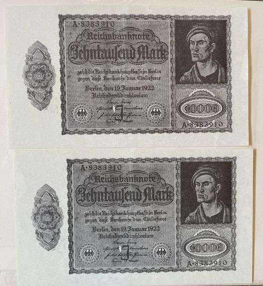 Two 1922 German 10,000 Mark Bank notes