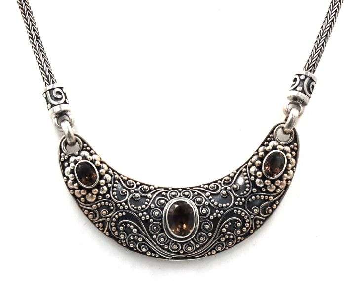 Suarti Bali sterling silver BA smokey quartz beaded scroll panel necklace