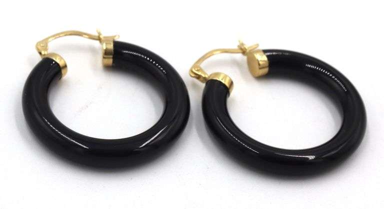 14kt Yellow gold black onyx hoop earrings