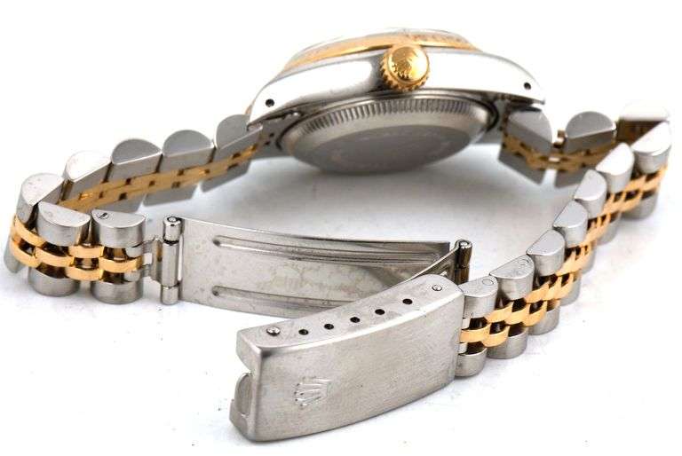 Rolex date just 2 tone 26mm champagne dial in fluted bezel on Jubilee bracelet watch