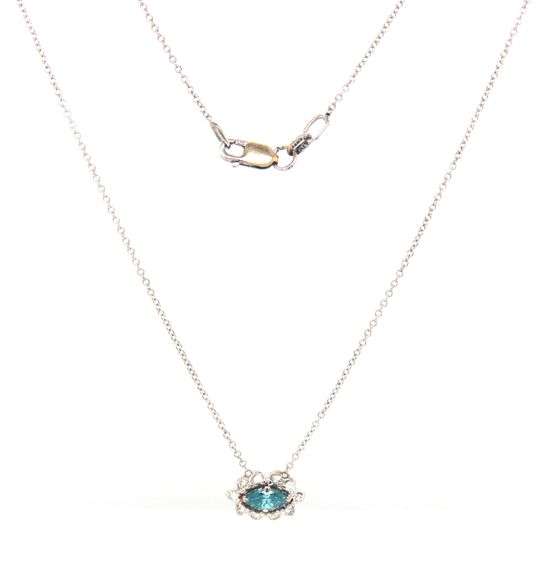 14kt White gold IR Teal and diamond necklace