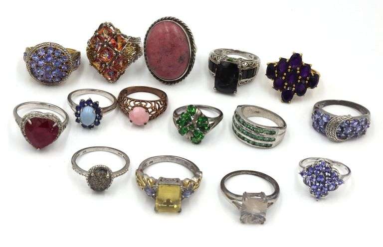 Group of 15 vintage 925 sterling silver gemstone rings