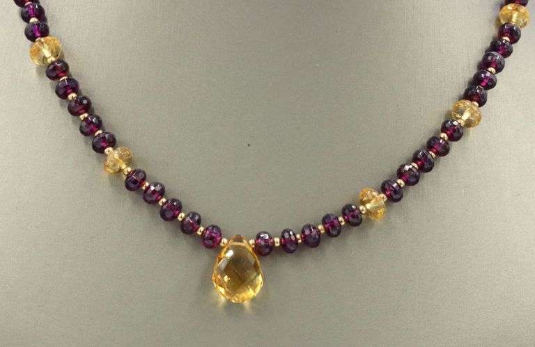 Garnet and Citrine beaded necklace with Citrine tear drop pendant