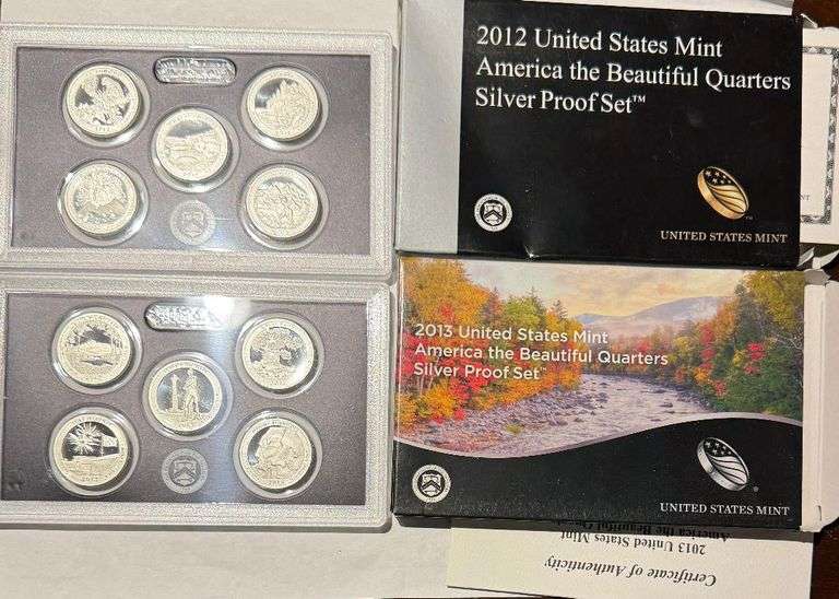 2012 13 US Silver America the Beautiful Quarters  Proof Sets. Nice cameo sets with box and paper in 