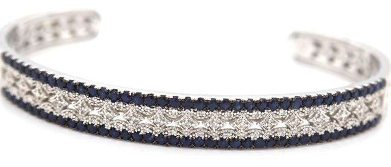 925 Sterling silver sapphire and diamond cuff bangle
