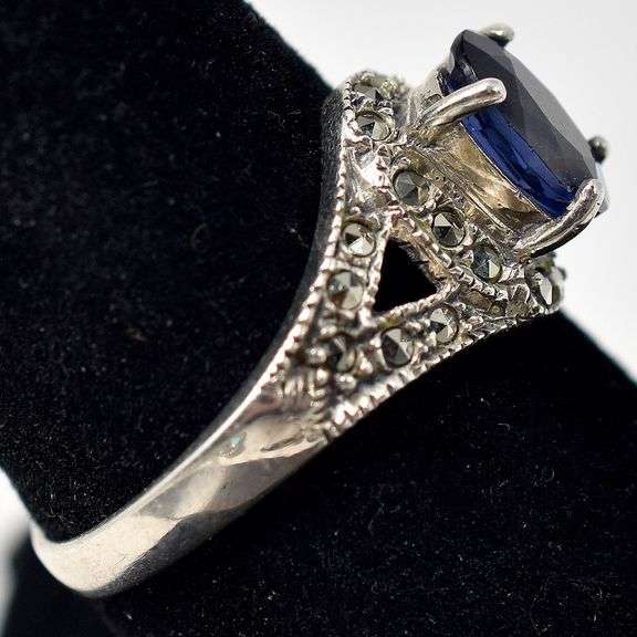 Blue Sapphire and Marcasite Gemstone Ring in Sterling Silver