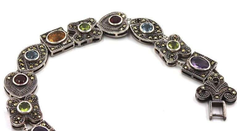 Vintage 925 sterling silver signed multi color stone link bracelet