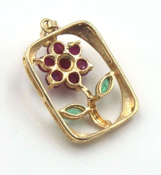 Whimsical 14K YG Ruby & Emerald Flower Pendant