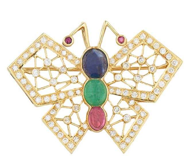 Ruby Sapphire Emerald Cabochon and 0.35ctw Diamond Butterfly Brooch Pendant in 14K