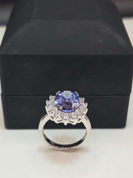 Dazzling 18 Kt White Gold Plate Huge 6.75 Ct VVs1 Lab Simulated Violet Blue Tanzanite Ring