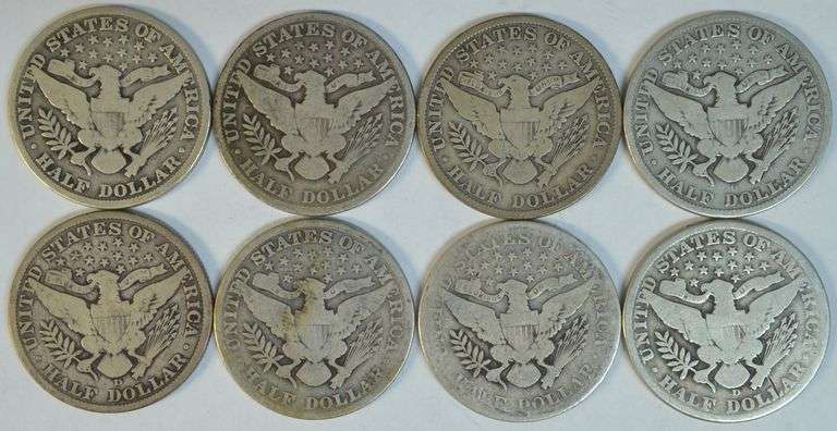 8 Diff. Nice collectible Barber Half Dollars 1900 to 1912-D