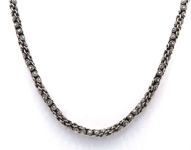 Vintage 925 sterling silver signed flower link chain necklace