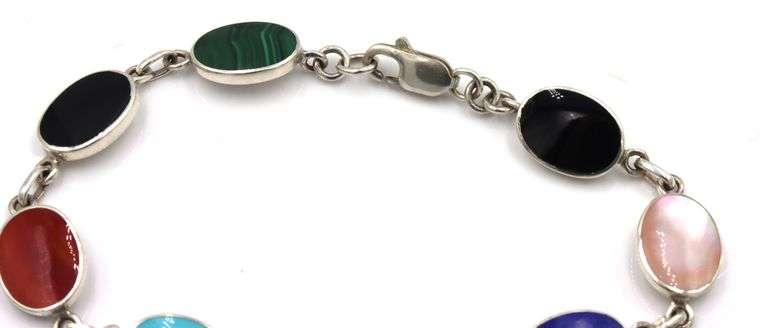 925 Sterling silver signed multi color gemstone link bracelet