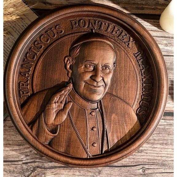 Hand-Carved Pope Francis Wood Wall Plaque