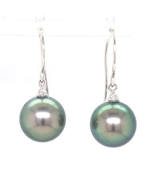 10kt White gold 12mm Tahitian pearl drop and diamond dangle earrings