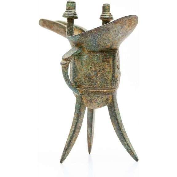 Verdigris Bronze Chinese Jué Wine Vessel