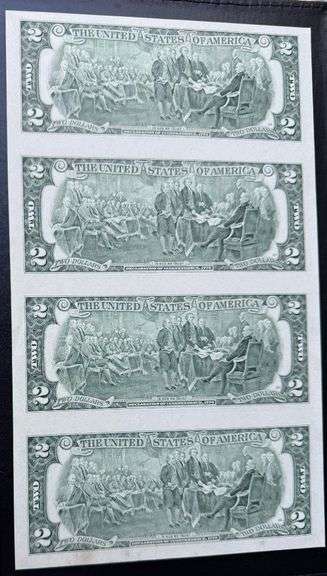 Uncut Sheet of 4 2003 A $2 St Louis Fed Reserve Notes.