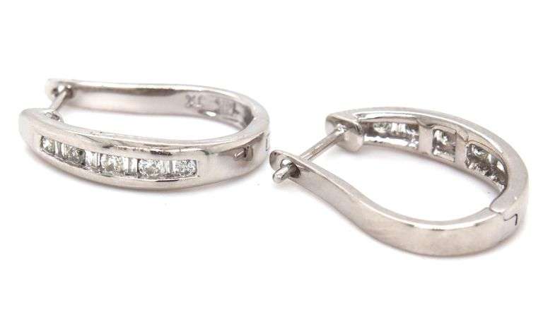 14kt White gold 0.15ctw baguette diamond J hoop earrings
