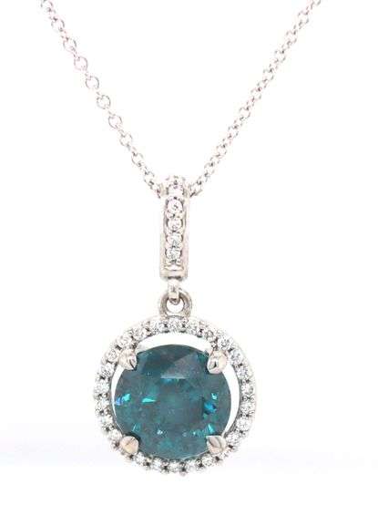 14kt White gold 2.17ct IR teal round brilliant cut diamond in 0.20ctw diamond halo pendant on chain