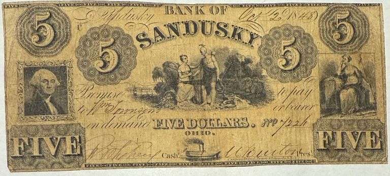 $5 Bank of Sandusky Ohio Oct 2 1858 Note