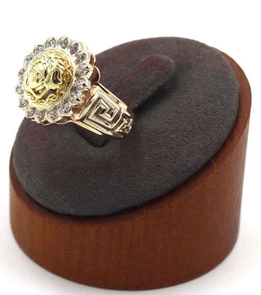 14kt Yellow gold Halo CZ Greek key ring