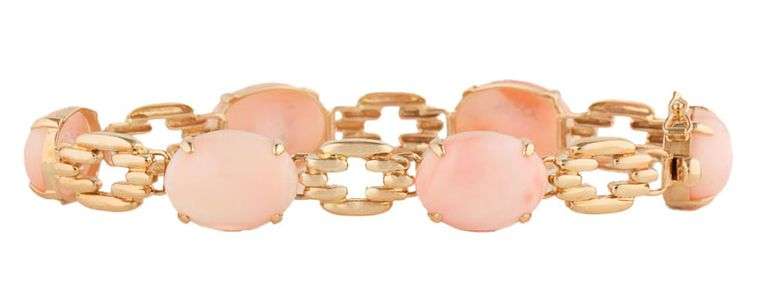 14kt Yellow gold Oval Coral Cabochon Station Link Bracelet