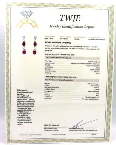 14kt Yellow gold oval ruby lead treated and pearl dangle earrings