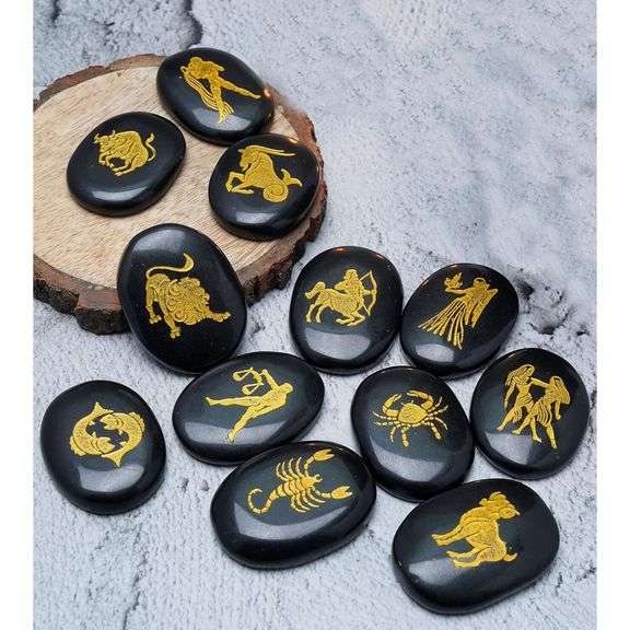 12 Hand-Carved Black Agate Zodiac Stones