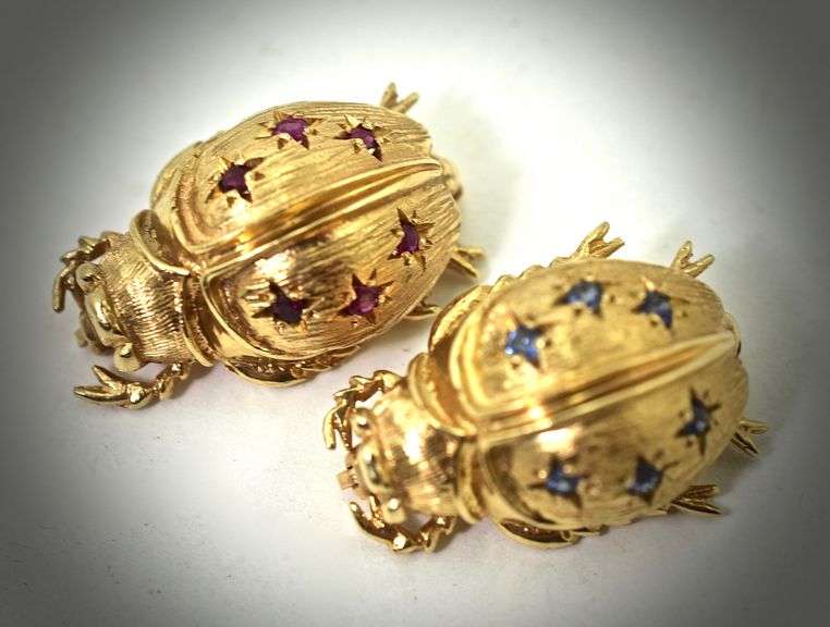Two Well-Sculpted 14K Yellow Gold Beetle Brooches