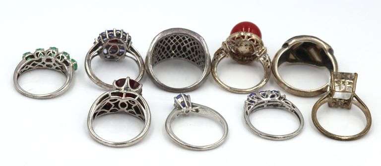 Group of 9 vintage 925 sterling silver gemstone rings