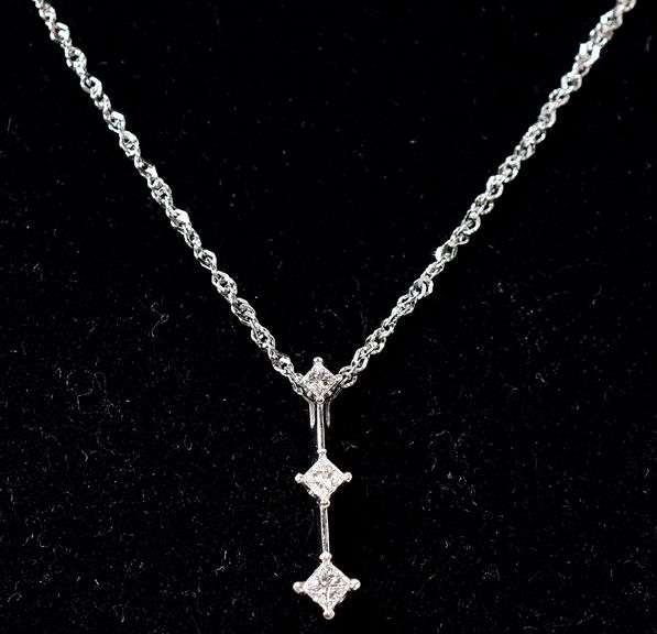 Modernist 14K White Gold Past, Present Future Diamond Pendant Necklace