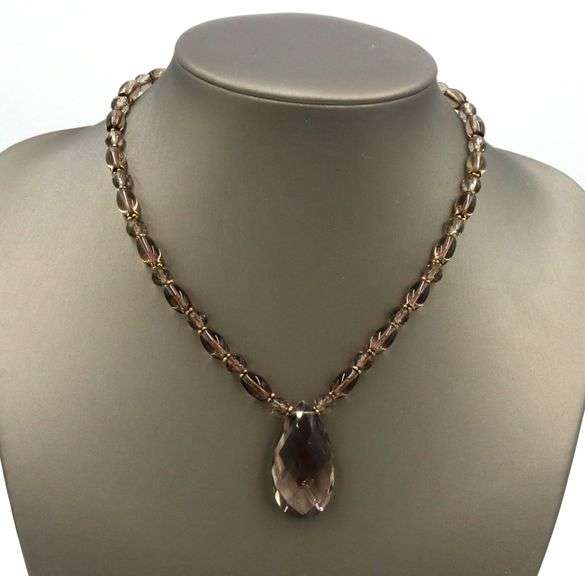 Smokey quartz beaded necklace with tear drop pendant