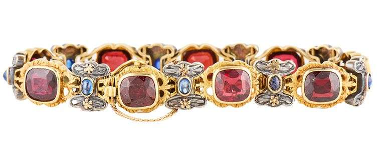 Vintage 15.0ctw Cushion Garnet and 1.30ctw Sapphire Heirloom Bracelet in 18K and Sterling