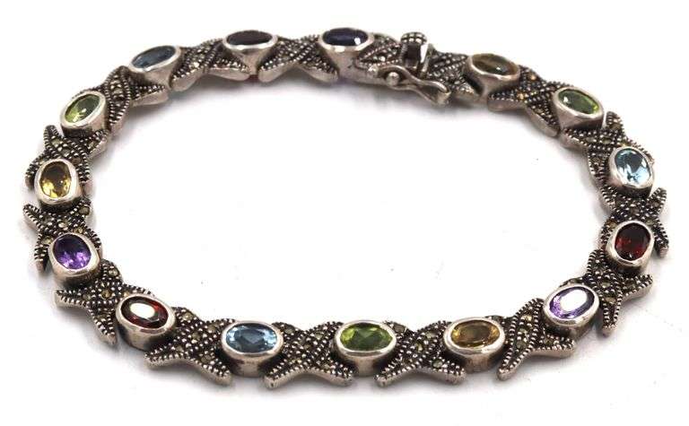 Vintage 925 sterling silver signed multi color stone link bracelet
