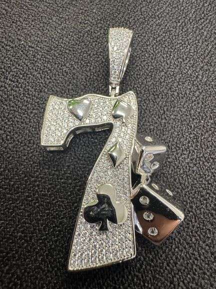 Rhodium Plated 925 Sterling Silver CZ Lucky 7 Hip Hop Pendant