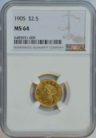 Gorgeous virtual Gem BU 1905 $2.50 Liberty Gold Piece. NGC MS64