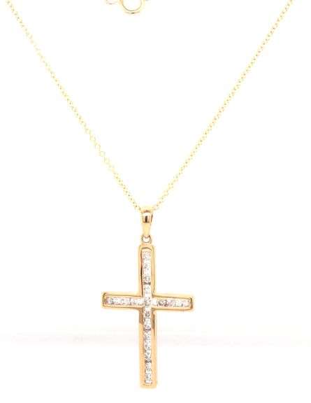 14kt Yellow gold 0.30ctw channel set diamond cross pendant on chain