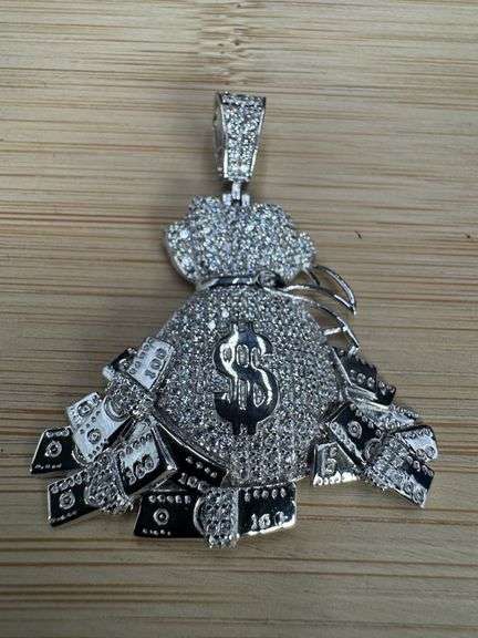 Rhodium Plated 925 Sterling Silver CZ Cash Bag Pendant