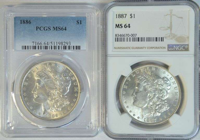Near Gem BU MS64 1886 (PCGS) & 1887 Morgan Silver Dollars.