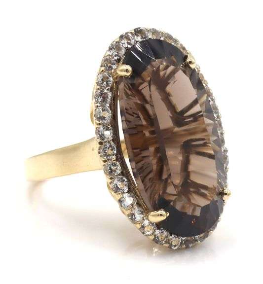 Stately 14K YG Smokey Quartz & White Sapphire Ring