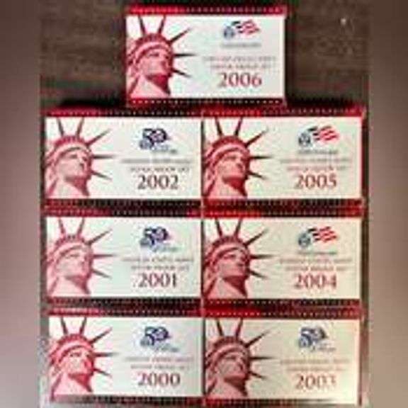Great run of all 7 SILVER Proof Sets from 2000 to 2006. Red Boxes & COA