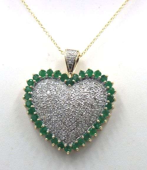10kt Yellow gold pave diamond emerald halo heart shaped pendant on chain