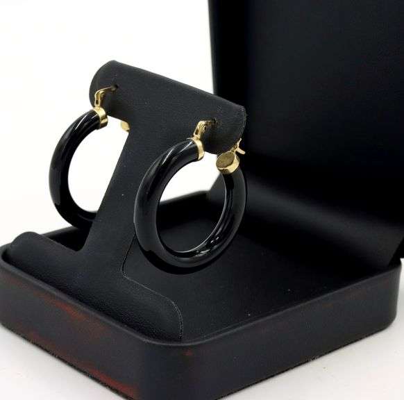 14kt Yellow gold black onyx hoop earrings
