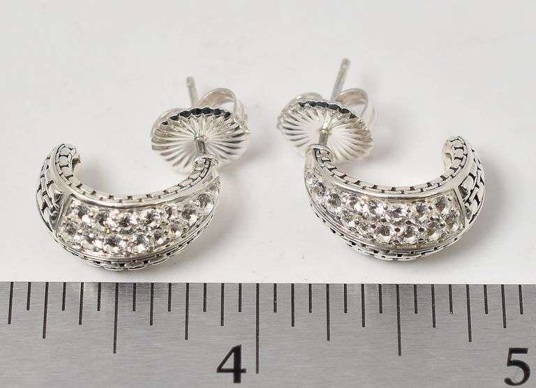 Cz Gemstone J-Hoop Earrings in Sterling Silver